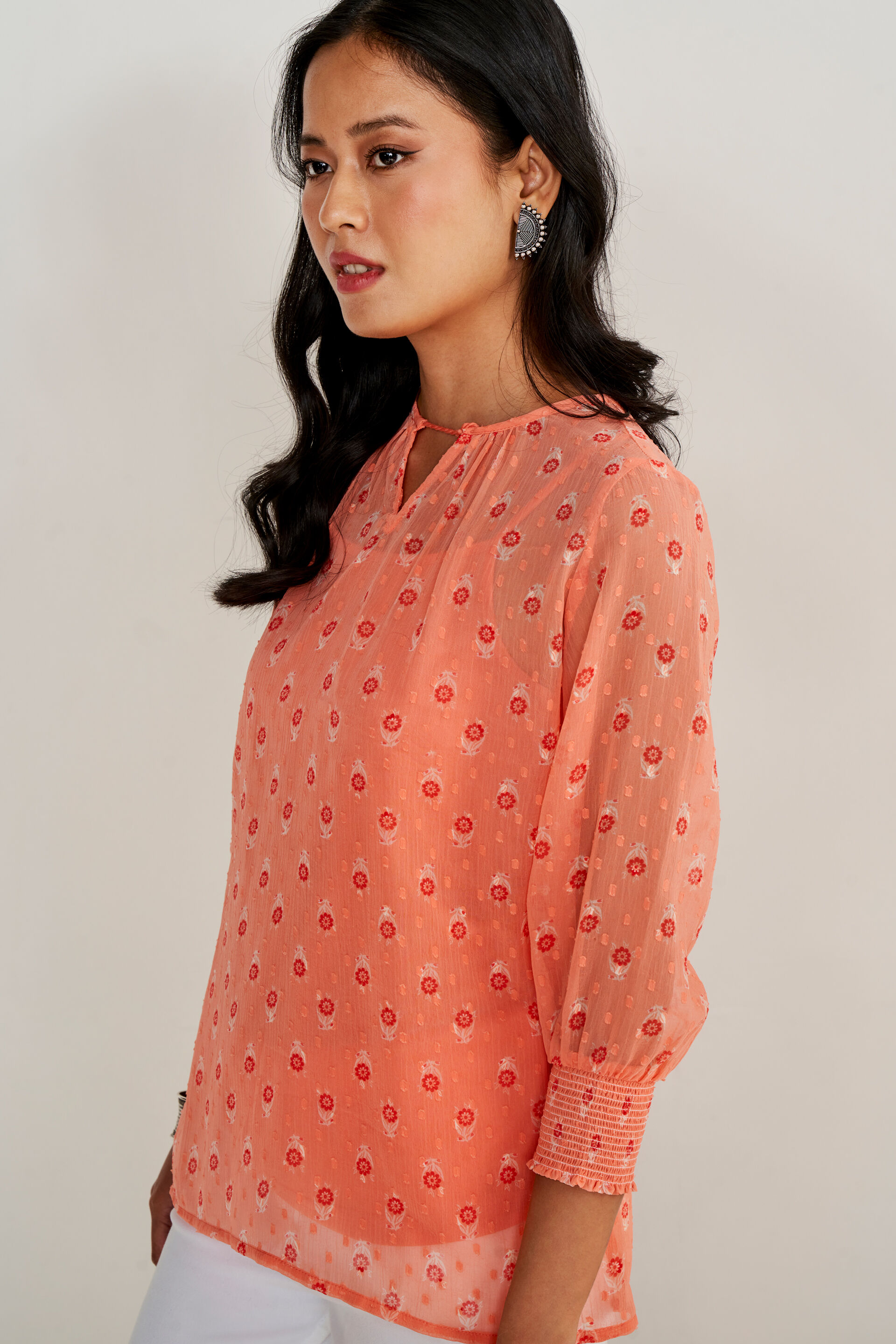 Orange Floral Smocking A-Line Top, Orange, image 5